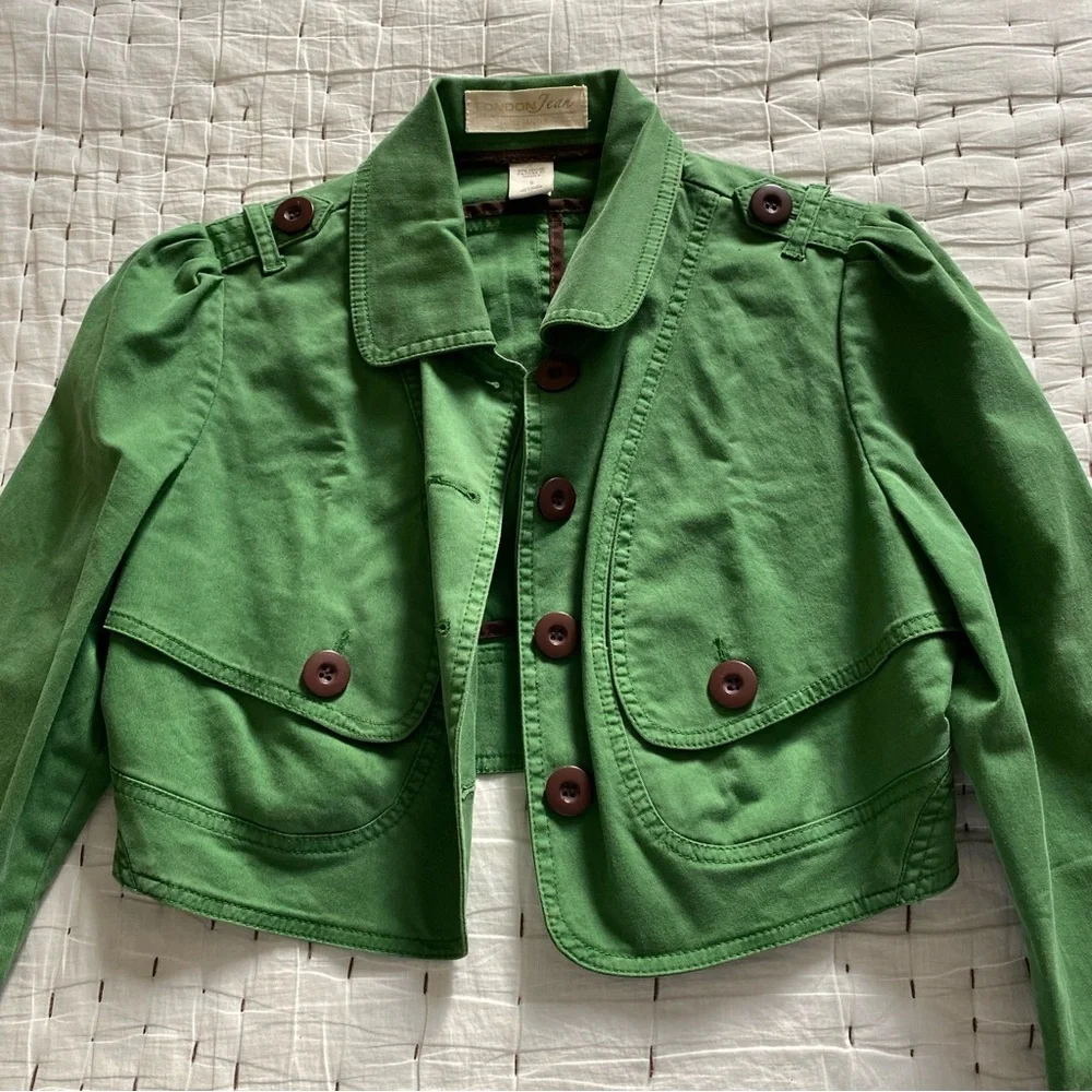 London Jean Chino Stretch Green Cropped Jean Jacket Size S - Picture 7 of 9